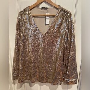 Lane Bryant Champagne Colored Sequin V-Neck Blouse 14